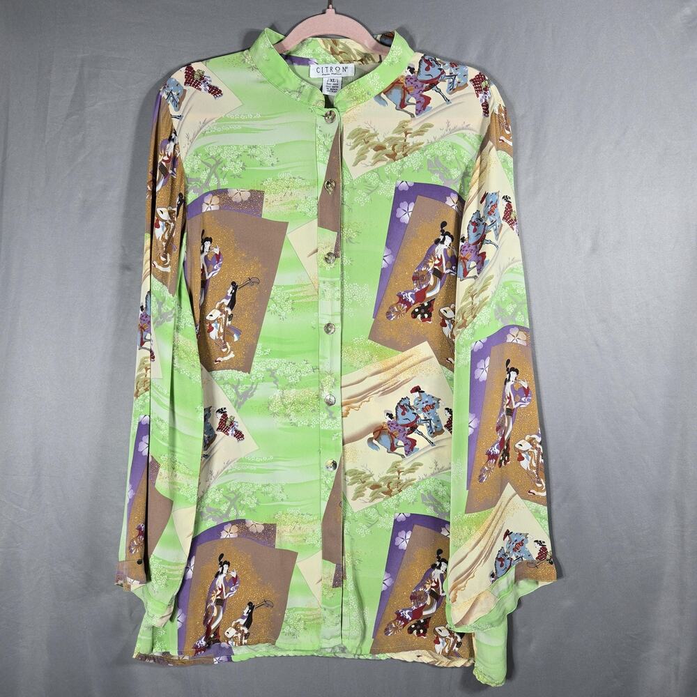 Citron Santa Monica Silk Tunic XL Asian Japanese Print Green Kimono Button Front